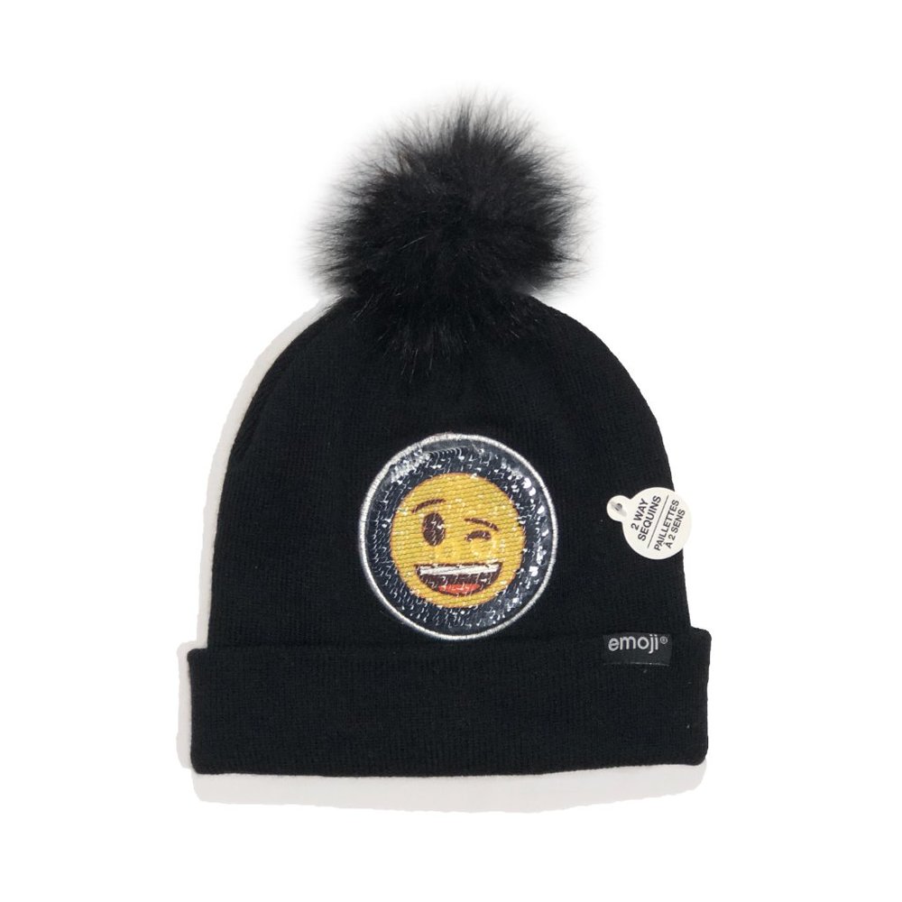NWT Emoji Two Way Sequins Winter Black Beanie Hat with Pom